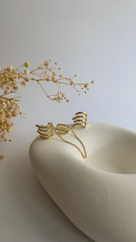 Earcufflı çoklu görünümlü gold küpe