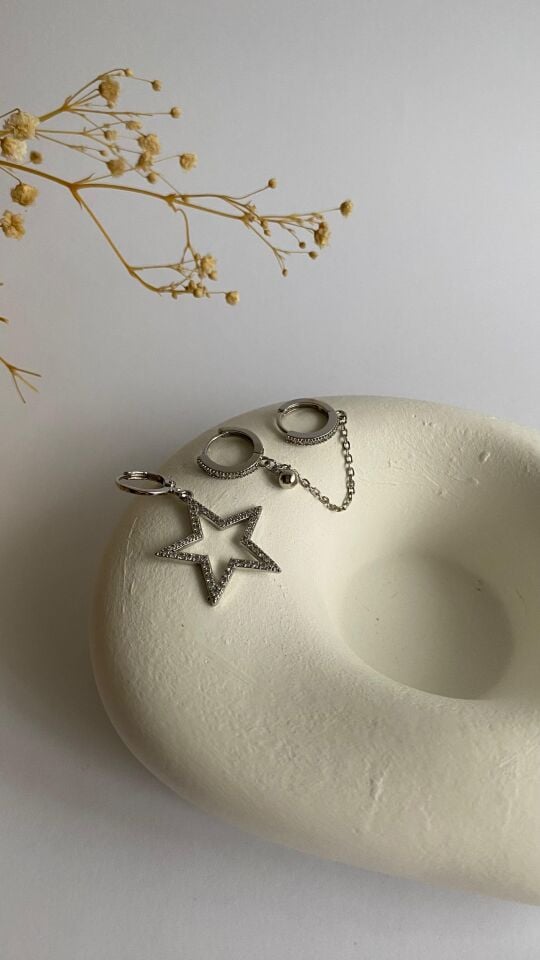 Silver yıldız halka üçlü set küpe