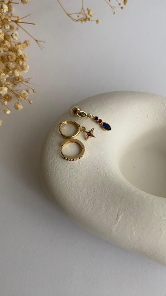 Renkli taşlı üçlü set küpe