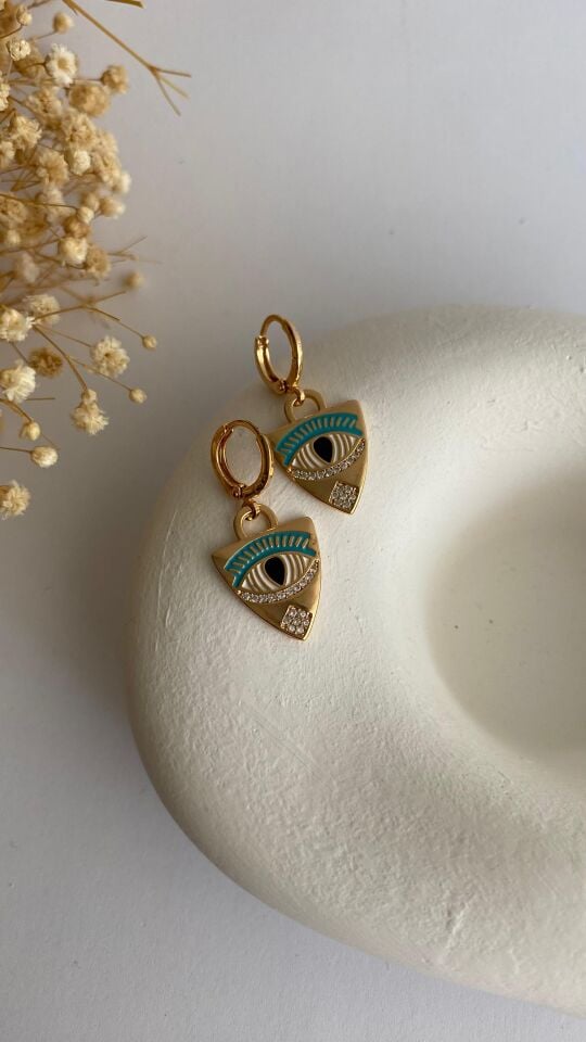 Göz detaylı mavili gold  küpe