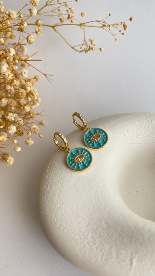 Mavi mineli göz motifli küpe