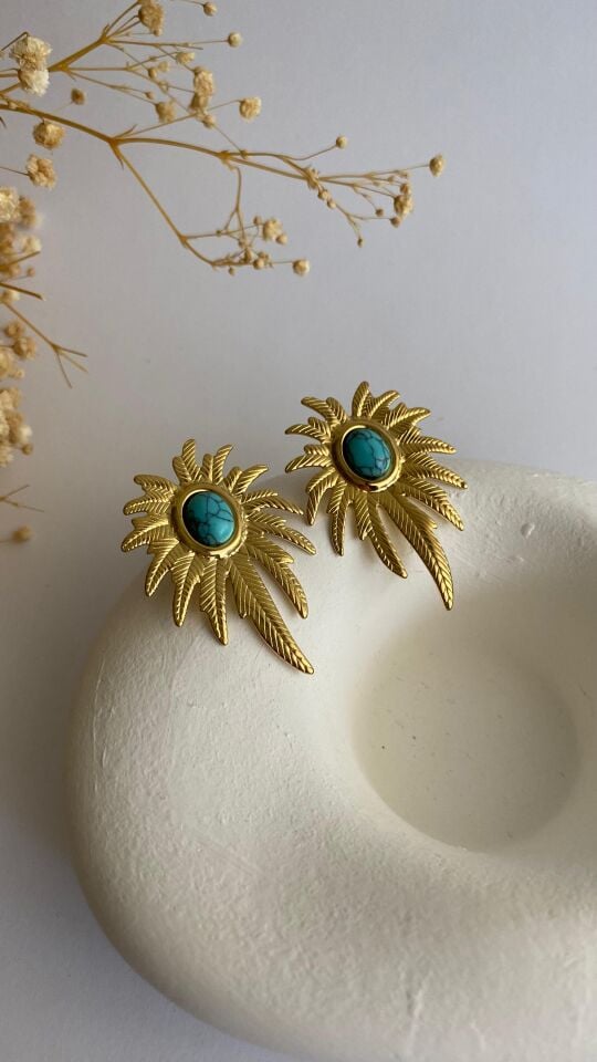 Firuze taşlı palmiye formlu çelik küpe