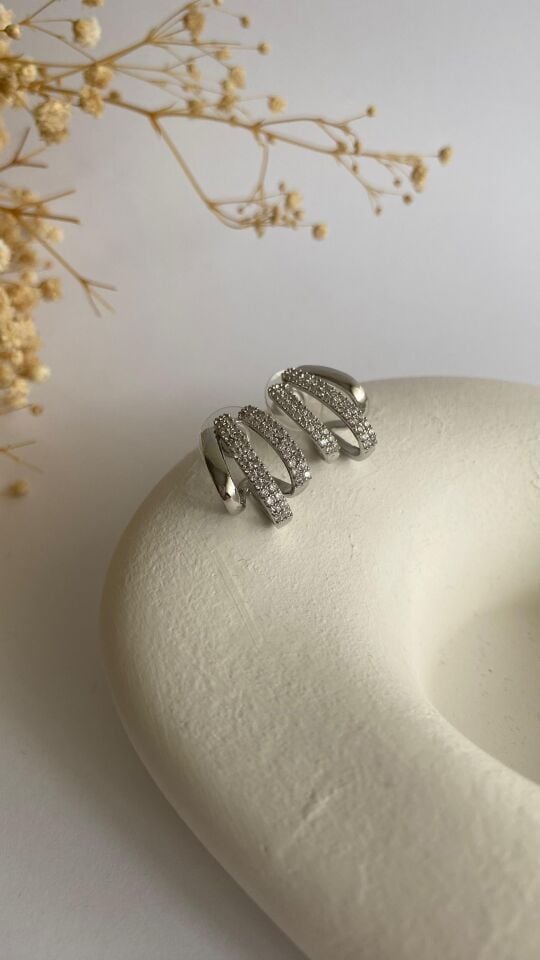 Silver üç halkalı taşlı küpe