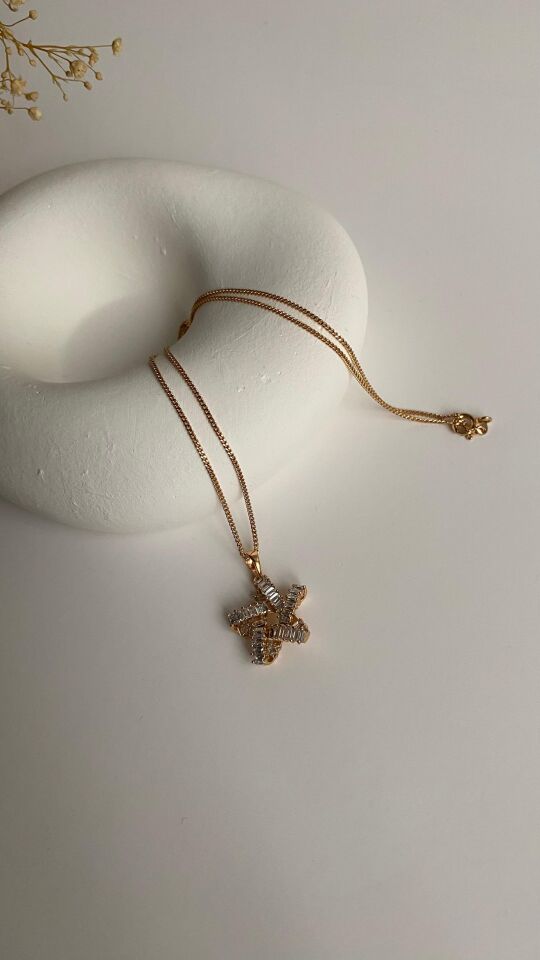 Gold rose baget taşlı kolye