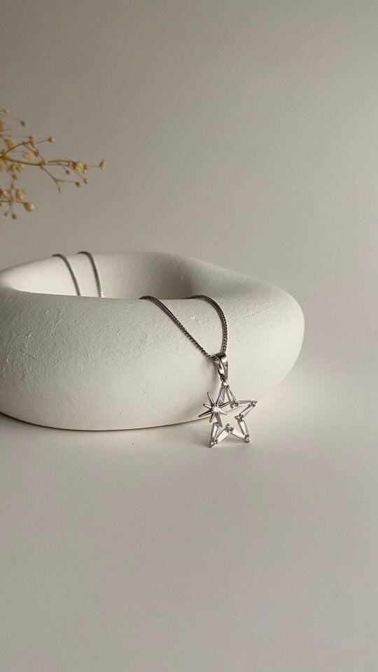 Silver çift yıldız baget taşlı kolye