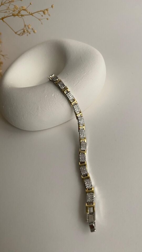 Gold araları silver dikdörtgen taşlı bileklik