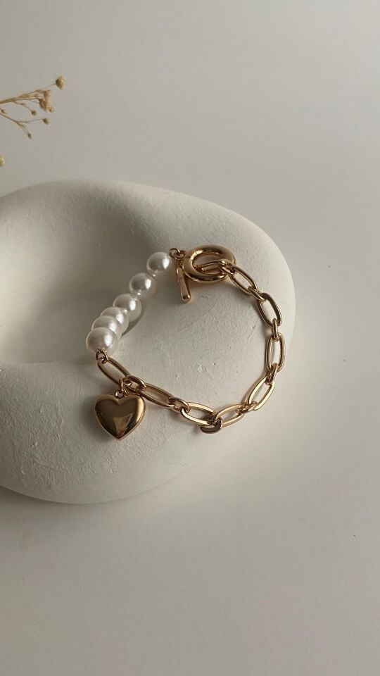 Rose gold elips geçme ve incili kalpli bileklik