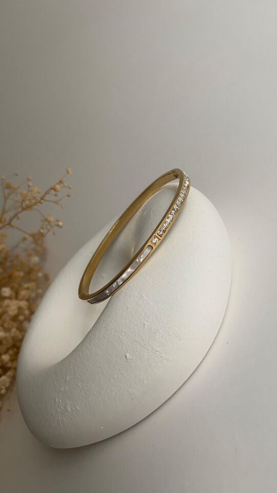 Gold çelik yarısı sedefli yarısı taşlı ince kelepçe