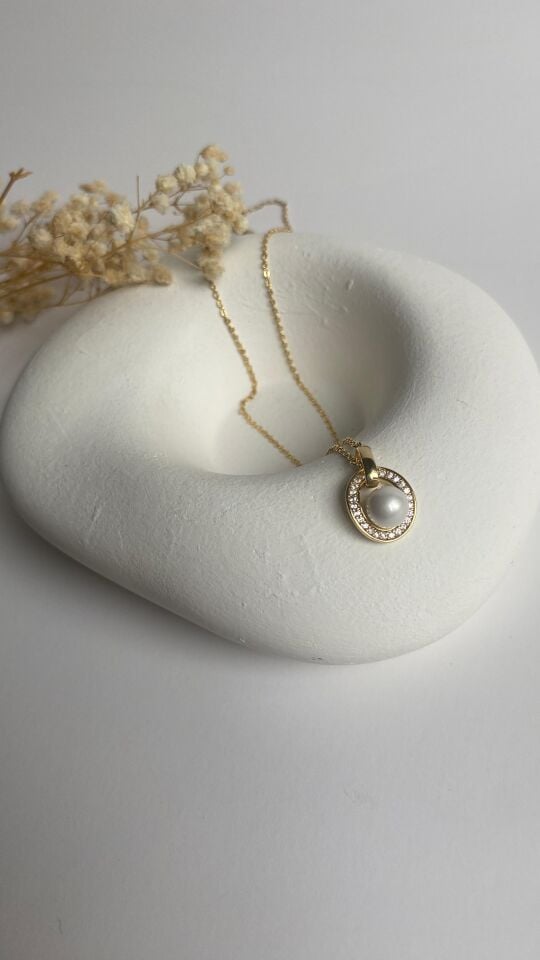 Ucu taşlı incili 14k gold kolye