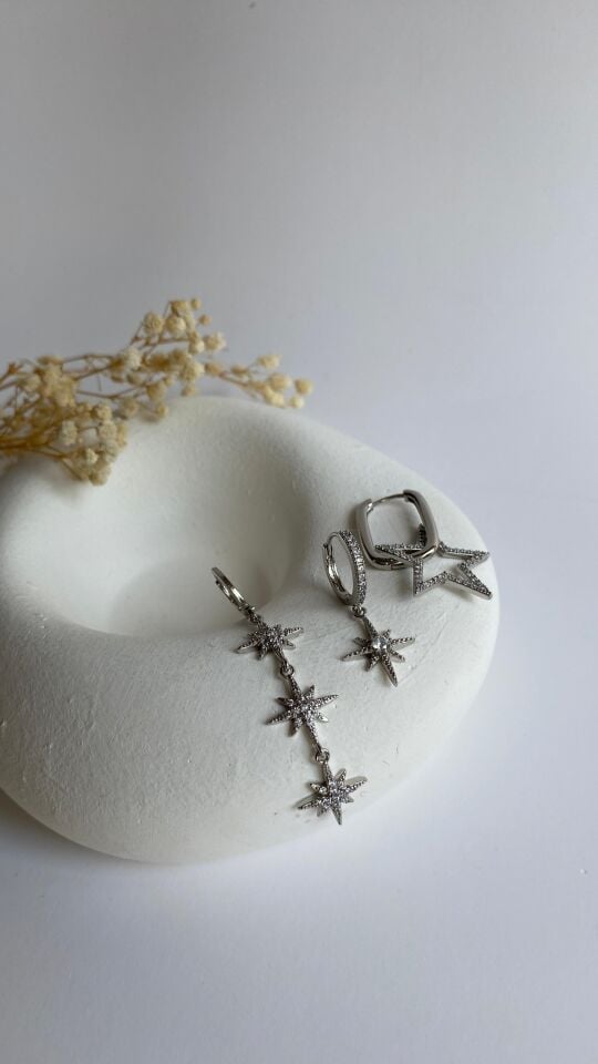 Silver yıldız formlu üçlü küpe