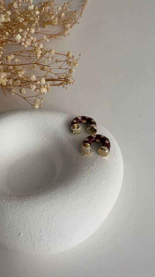 Koyu bordo gold baskılı küpe