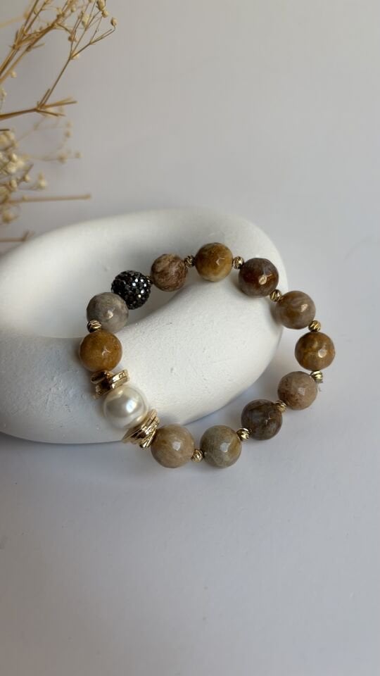 Kahve Akik taşlı lastikli bileklik